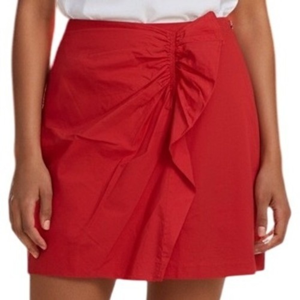 CLUB MONACO Normaah Coral Red Ruched Front Faux Wrap Mini Skirt EUC Size 2